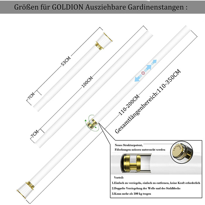 Висувна штанга для Фіранки для душу GOLDION без свердління Ø32 мм телескопічна штанга Карниз для кріплення-штанга для душу, штанга для одягу і карниз для штор (білий, 250-350 см)