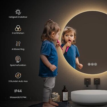 Дзеркало для ванної кімнати EMKE з підсвічуванням, діаметр 50 см, регульоване холодне біле світло, функція пам'яті, вимикач, IP44, енергозберігаюче, з підсвічуванням ззаду, дзеркало для ванної кімнати (3 кольори світла + проти запотівання, 80 x 80 см)