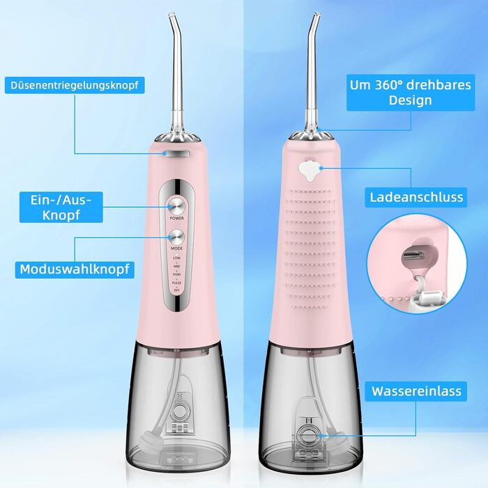Електрична ірigator для порожнини рота Munddusche з 5 режимами, 300 мл, 6 насадок, рожевий