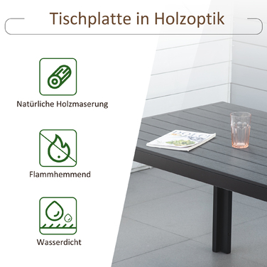 Outsunny Garden Table Алюмінієвий стіл 120x70 см для саду, патіо, дерево-пластик, полідерево, чорний, стійкий до погодних умов, і сучасний.
