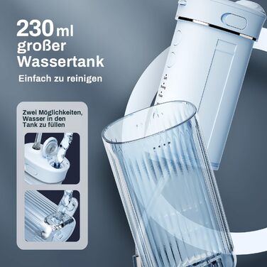 Портативний електричний іригатор для порожнини рота JTF Munddusche Mini, бездротовий, для подорожей, з 5 насадок, 4 режими, 230 мл, водонепроникний (IPX7, блакитний)