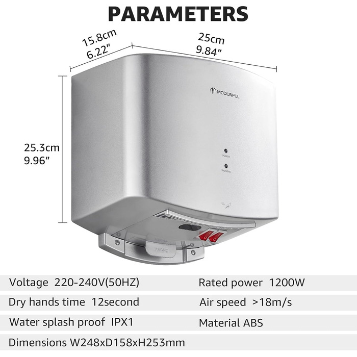 Електричний автоматичний сушар для рук, настінний, 1200W, сірий