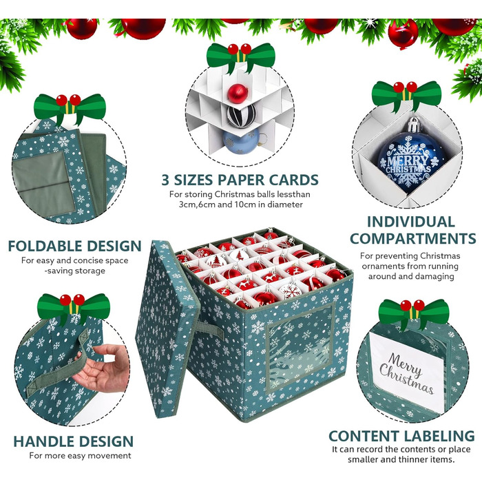 Коробка для зберігання новорічних прикрас, 166 відділень, з регульованими перегородками, кришкою та ручками, 31x31x30 см, червона, принт сніжинки, білий фон