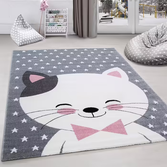 Дитячий килим Carpettex Кішка рожевий 80x150 см – м'який, легкий у догляді, короткий ворс, килимок для дитячої кімнати, для дівчаток і хлопчиків, ігровий, праний, для немовлят