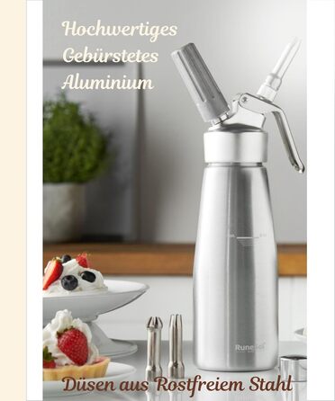 Runesol Дозатор для вершків 500 мл: професійний сифон для десертів з 3 насадками з нержавіючої сталі, алюмінієвий диспенсер для збитого вершку