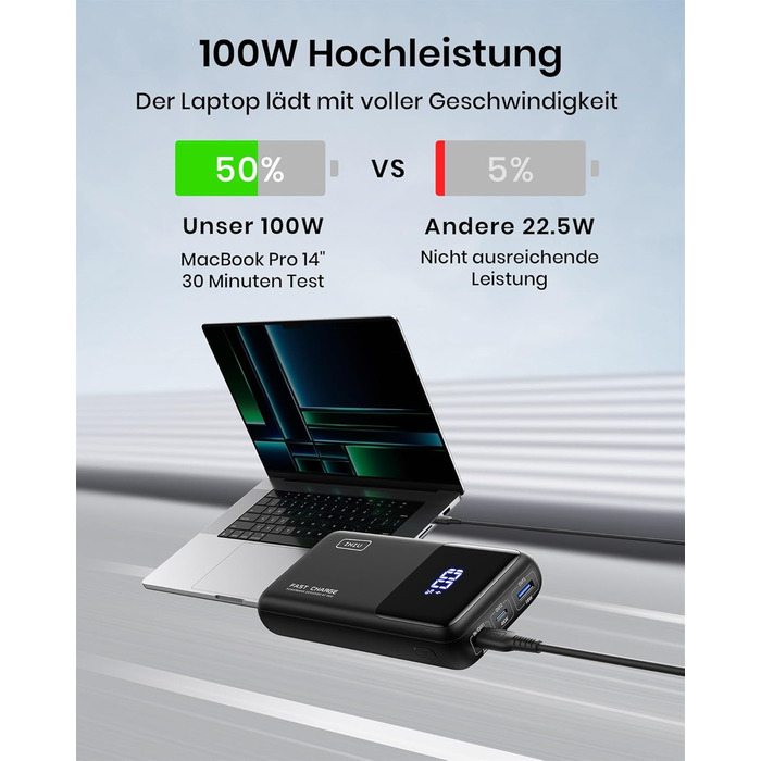 Портативний зарядний акумулятор INIU, 100W, 25000mAh, USB-C, для ноутбуків, телефонів, iPad, DJI, камер, iPhone, MacBook, Surface, Fire TV Stick, 25000 мАг, чорний