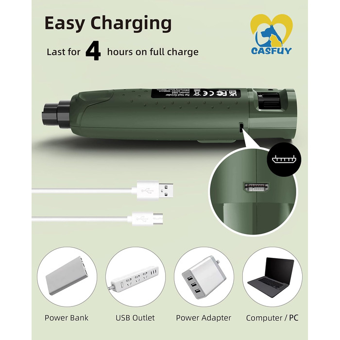 Шліфувальна машина для собак і кішок Casfuy Claw, 6-швидкісна, світлодіодна, безшумна, з пилозахисним чохлом (Army Green)