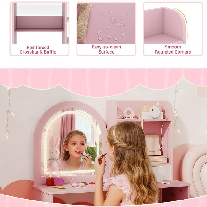 Дитячий туалетний столик LIFEZEAL 2 в 1 з дзеркалом та пуфом, рожевий, з ящиком та аксесуарами для дівчаток від 3 років
