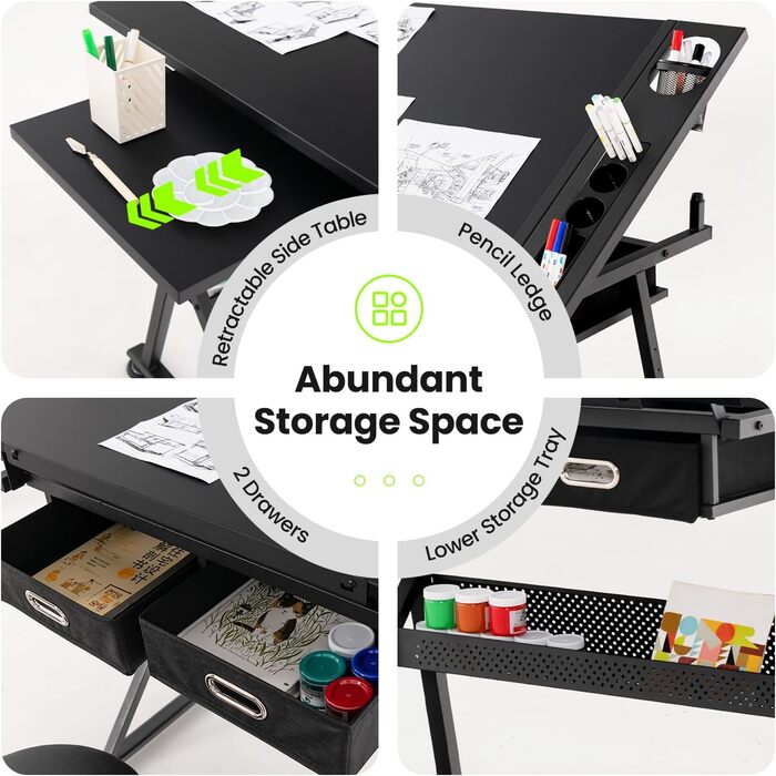 Регульований стіл FANTASK для архітекторів та художників з нахиленою стільницею, 2 ящиками та табуретом (Чорний)
