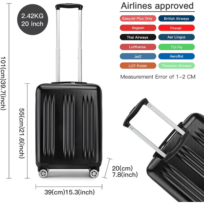 Чемодан KONO Handgepäck Trolley, 55x39x20 см, 37 л, з розширенням, TSA-замок, 4 колеса, чорний