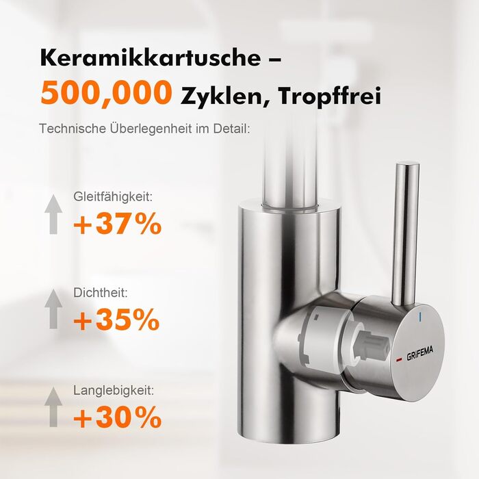 Змішувач для ванної кімнати GRIFEMA, 360° поворотний, однорідний, нержавіюча сталь, 180 мм, холодна та гаряча вода, економія води, проста установка, 3/8″ з'єднання, для гостьового туалету, G1002A сірий