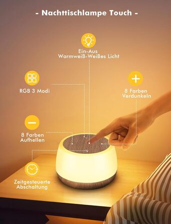 Приліжковий світильник Touch Dimmable, зарядка 20 Вт, 8 кольорів, 3 режими, нічник з таймером