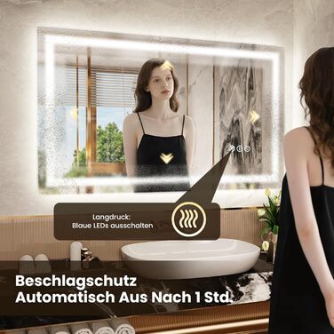 LED дзеркало для ванної кімнати 60x80 см з підсвічуванням, сенсорне, регульоване, 3 кольори світла, антизапар, IP44, вертикальна/горизонтальна установка