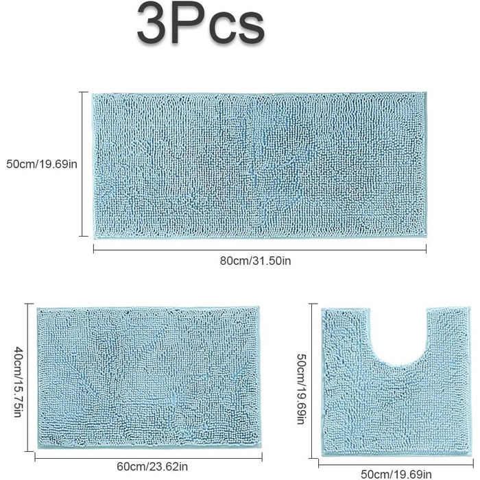 Набір нековзних килимків для ванної Hodeacc, висока щільність водопоглинання, м'яка мікрофібра, килимки для унітазу, килимок для унітазу, можна прати в пральній машині, набір з 3 предметів (Світло-блакитний)
