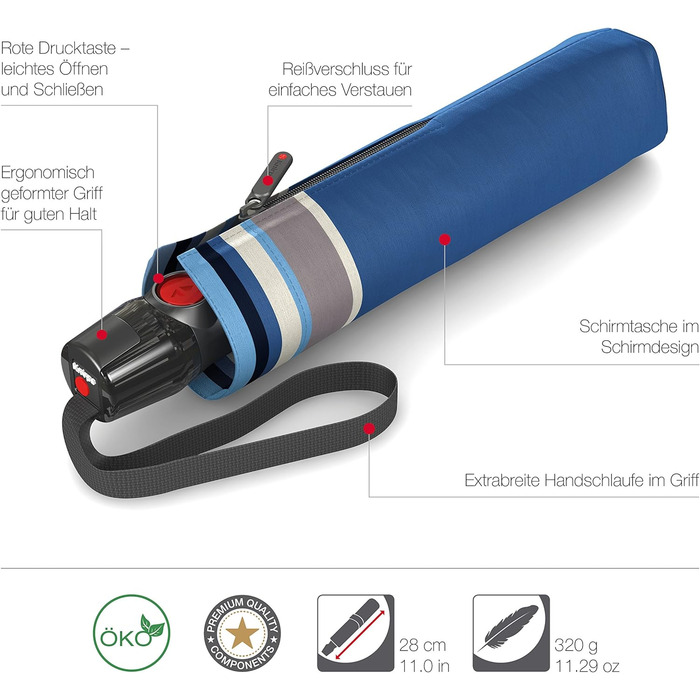 Складна парасолька Knirps T.200 Duomatic Відкривання-закривання Автоматичне Складне Штормозахисне Вітрозахисне Синє Смугасте