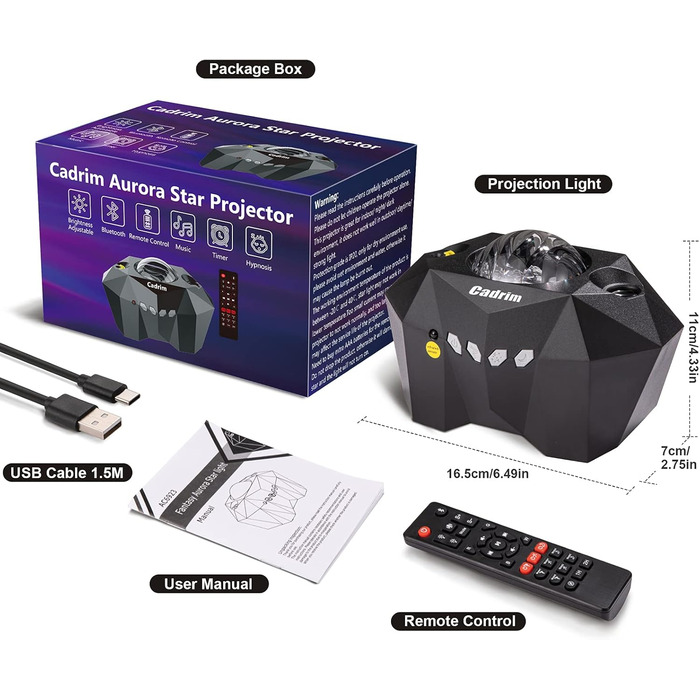 Проєктор зоряного неба Cadrim Sternenhimmel з пультом ДУ, LED лампа північного сяйва для вечірок, Різдва, Хелловіну, подарунок