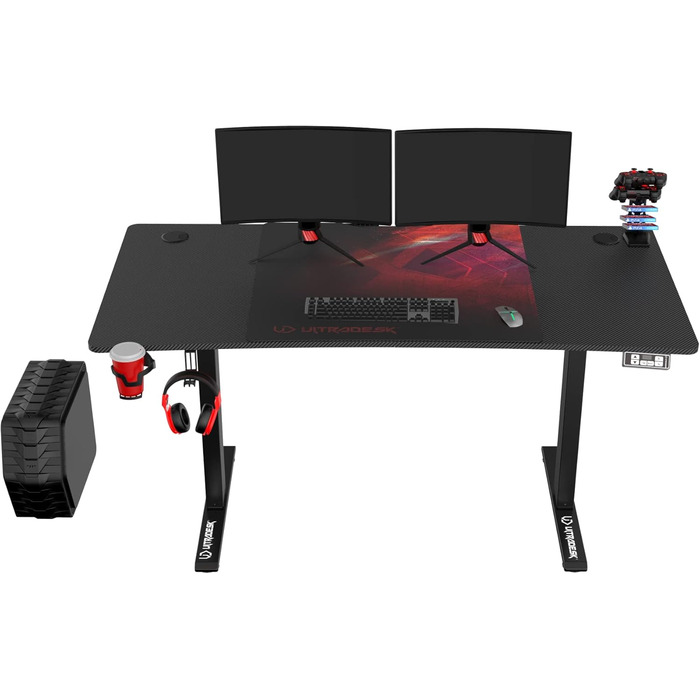 ULTRADESK Стіл для роботи Level V2 - Регульована висота, 140x68 см - Електричний стіл для геймінгу, офісу, дому - з XL-килимком для миші - Чорний, Червоний