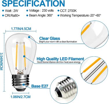 25 LED-ламп E27 2W, скляні, тепле світло 2700K, для ліхтарів та гірлянд, не димуються, 25 шт.