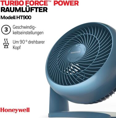 Вентилятор Honeywell TurboForce Turbo - синя версія (охолодження з низьким рівнем шуму, регульований кут нахилу до 90, 3 налаштування швидкості, настінний монтаж, настільний вентилятор) HT900NE4
