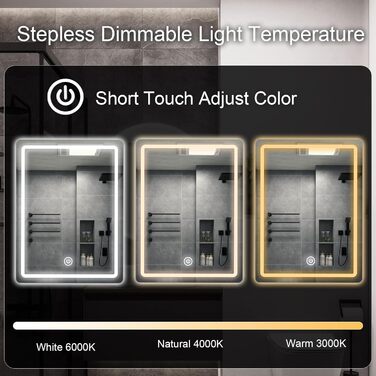 Дзеркало для ванної кімнати MYGIIVOVO з підсвічуванням LED, сенсорне керування, 3 кольори, 60x45 см