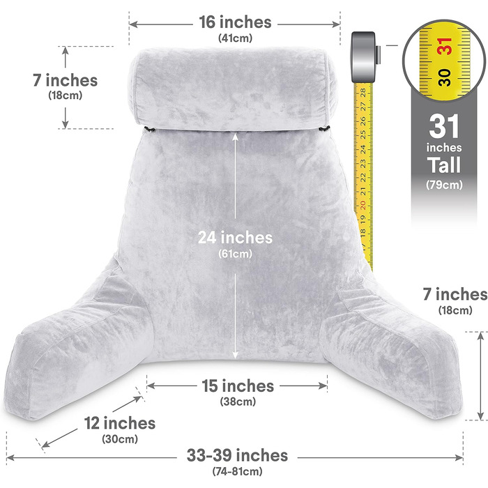 Подушка для чоловіків з підлокітниками - темно-сіра, для читання та відпочинку в ліжку | Premium Memory Foam | Знімна подушка для шиї