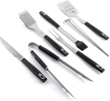 Набір гриля InnovaGoods 12 предметів: інструменти з нержавіючої сталі, термостійкі ручки, кейс, миється в посудомийній машині, чорний, сталь, нержавіюча сталь