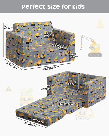 Дитяче диван-ліжко BEJOY 2 в 1: диванчик та крісло, Sherpa, сірий з машинками для дитячої кімнати, подарунок