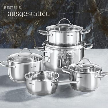 Набір каструль tectake® 9 предметів з нержавіючої сталі, посуд для плити (індукційна, газова, електрична), кухонний набір для дому та кемпінгу