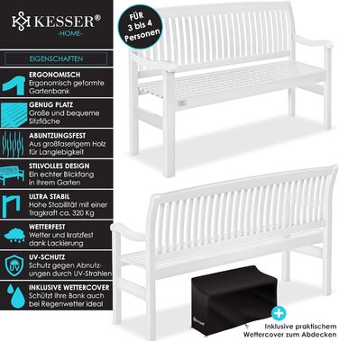 Садова лавка KESSER® дерев'яна для 3-4 осіб, біла 150 см, стійка до погодних умов, вантажопідйомність 320 кг, з чохлом для балкона, тераси та саду