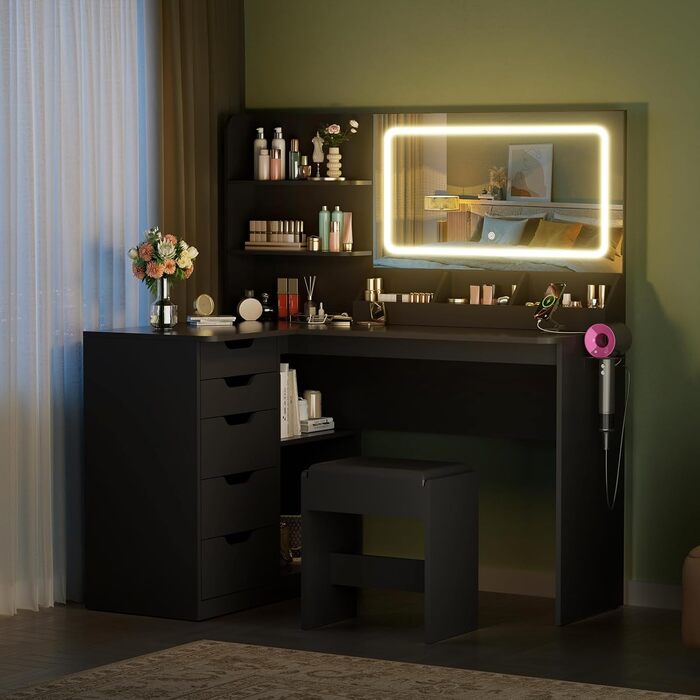 Дзеркальний столик для макіяжу Devoko з LED-підсвічуванням та пуфом, кутовий туалетний столик з розеткою, 5 ящиків, відкриті полиці, тримач для фену, для спальні (Білий) (Чорний)