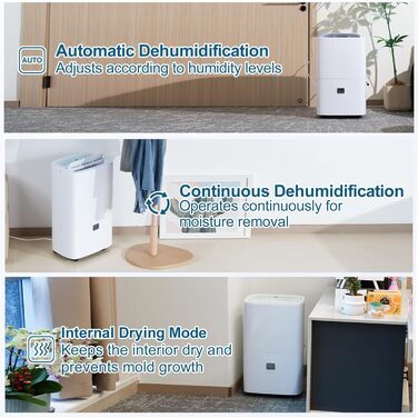 Електричний осушувач повітря для дому: 65л/день, автоматичний режим, 4.5л бак з шлангом для зливу, тихий осушувач для підвалу, офісу, спальні, ванної кімнати, квартири, кухні до 120м², чорний та білий (білий)
