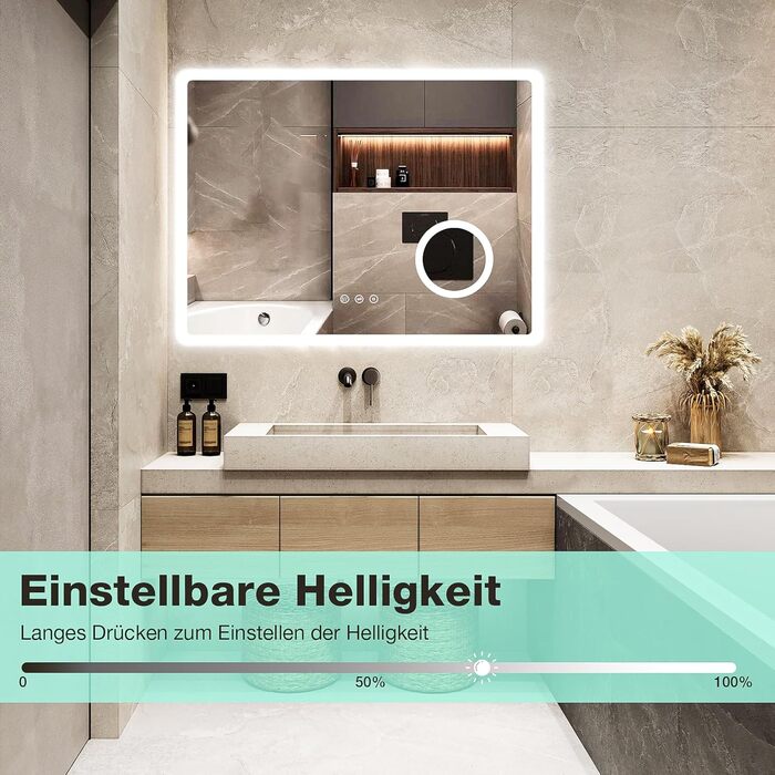 Дзеркало для ванної кімнати GIMBELEN LED з підсвічуванням 80x60 см, прямокутне, сенсорне керування, регульована яскравість, 3 кольори світла, антизапар, для вертикального/горизонтального монтажу