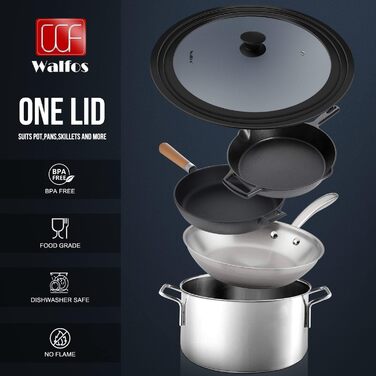 Універсальна скляна кришка для каструль та сковорід Walfos (33, 36, 38 см) з силіконовим обідком, термостійка, чорна