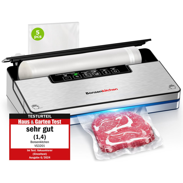 Вакууматор Bonsenkitchen для продуктів, потужний вакуумний пакувальник з 5 режимами, 8 л/хв, сріблястий (комплект: 5 пакетів та 1 рулон)