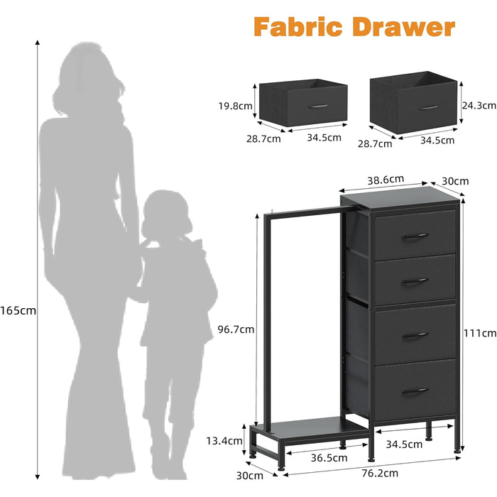 Комод 111 см з 4 висувними ящиками з тканини, шафа для одягу, комод для спальні, вітальні, коридору, чорний (30T x 76.5B x 111H см)