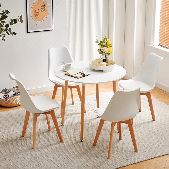 Круглий кухонний стіл WeDoо Holz, 80x80x74 см, натуральне дерево, скандинавський стиль, білий, 3 ніжки