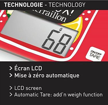 Кухонні ваги Terraillon, тара, рідкі перетворення, ультратонкі, досягають 3 кг, T1040 Detox, червоні