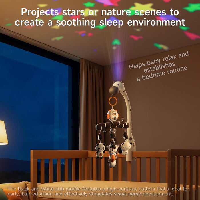 Мобіль для дитячого ліжечка TUMAMA для малюків 0-6 місяців з нічником, проєктором, музикою та білим шумом, чорно-біле іграшкове звірятко для підвішування
