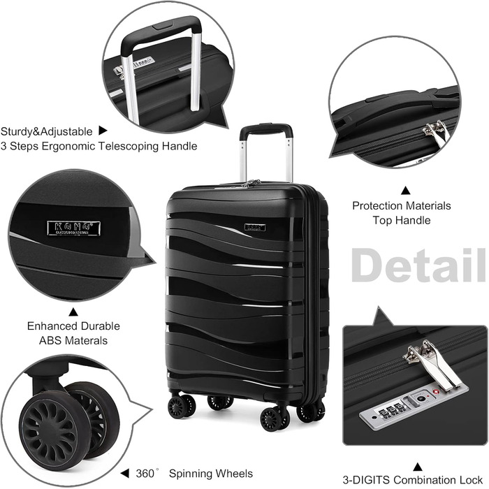 Чемодан-валіза KONO: великий, легкий, з жорстким корпусом, TSA-замком та 4 колесами (білий, чорний, набір 4 шт.)