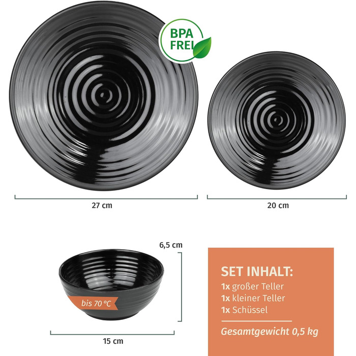 Набір посуду для кемпінгу Melamin 4 особи Stone + 4 чашки Stone для кави, пікніків, BBQ, приготування їжі (3-секційний набір, чорний)