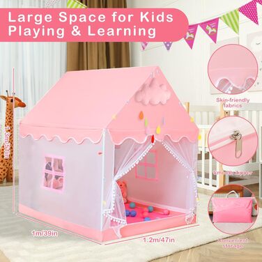 Дитячий намет-ліжко з ліхтариками та прапорцями, рожевий. Ідеально для гри вдома, для хлопчиків та дівчаток. Розміри: 47x40x51 см