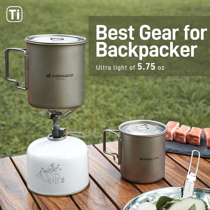 Набір посуду для кемпінгу Odoland з титану: кружка 420мл/750мл, горнятко з кришкою та ложкою, складаний ручка для кемпінгу, походів, подорожей