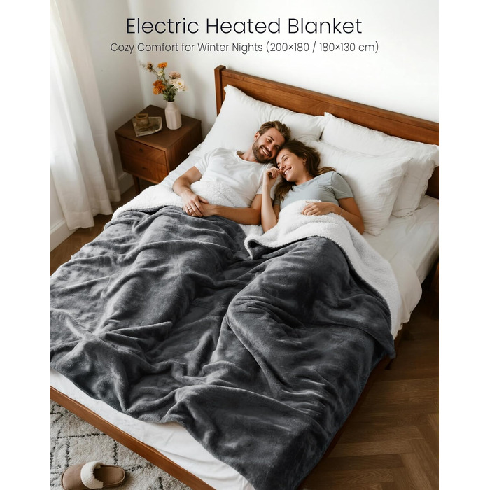 Електрична ковдра AnySun 200x180 см з автовимкненням, 6 рівнів нагріву, таймер 10 годин, захист від перегріву, сіра, для ліжка, дивану, машинне прання