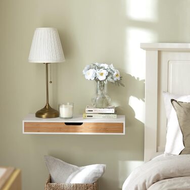 Полиця настінна SoBuy з шухлядою - біла та дерев'яна, 60x24x8 см. Сучасна настінна полиця для вітальні, спальні, коридору FRG93-WN