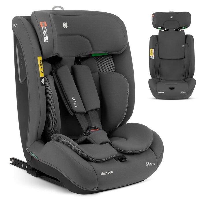 Автокрісло KikkaBoo i-Size i-FLIT 9-36 кг ISOFIX, Група 1/2/3, 15 міс. - 12 років, SPS, Top Tether, регульована підголовник, темно-сірий