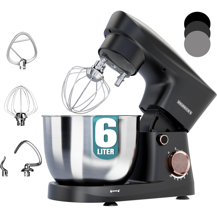 Кухонна машина Heinrichs 1500W з місткою чашею 6L з нержавіючої сталі, 10 швидкостей, титан, міксер, тістоміс, планетарний міксер