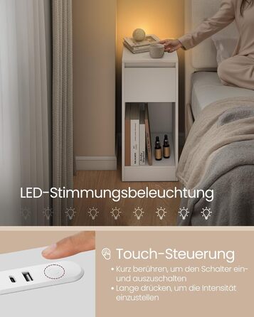 Приліжкова тумбочка VASAGLE з LED-підсвічуванням, USB-A та USB-C, з шухлядою та відкритим відсіком, для спальні/вітальні, білий колір LET610W01