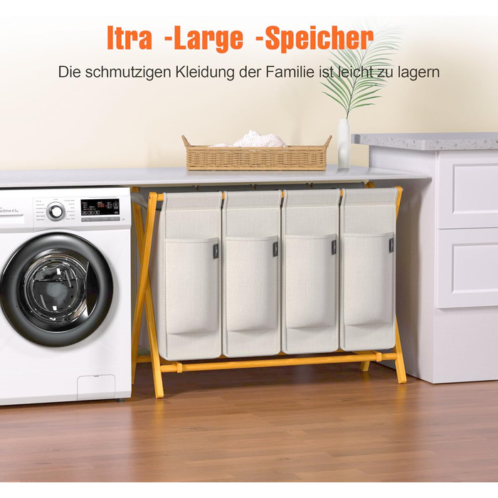 Кошик для білизни AdelDream з 3 відділеннями, 150л, бамбук, сортувальник, сірий