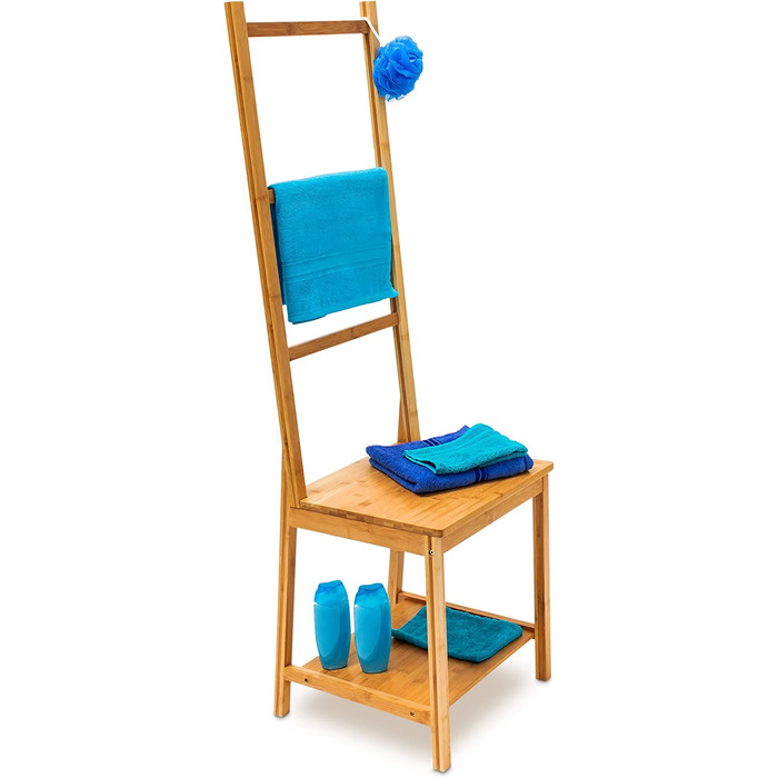 Дні відпочинку 10019172 бамбуковий стілець для прислуги з 2 полицями HBT 133 x 40 x 42 см дерев'яний німий слуга з 3 стійками в якості вішалок для рушників стілець для ванної з вішалкою для рушників або дворецький для одягу, природа