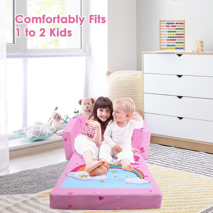 Дитяче крісло-софа 2 в 1 з кишенькою та неслизьким подушкою, розкладне, з єдинорогом для дитячої, вітальні, ігрової кімнати